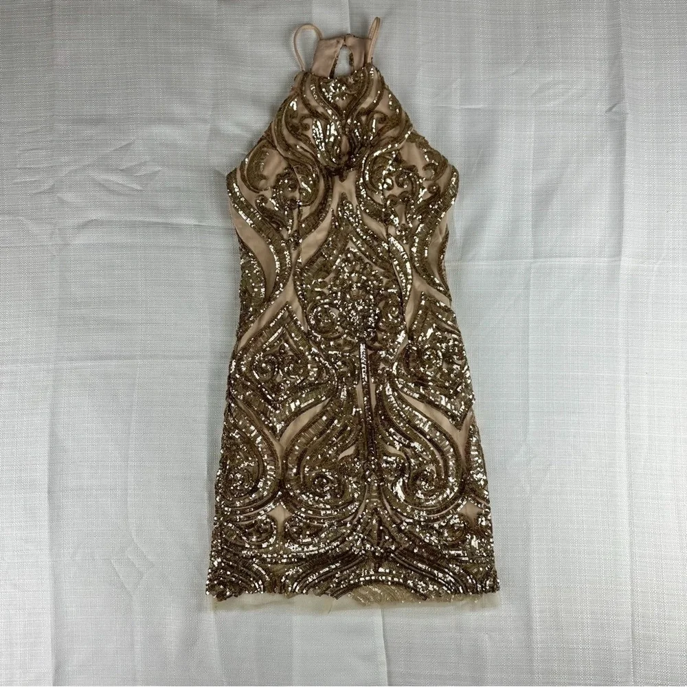 CAMILLE LA VIE Elegant Sequin Halter Tie Back Column Dress Gold